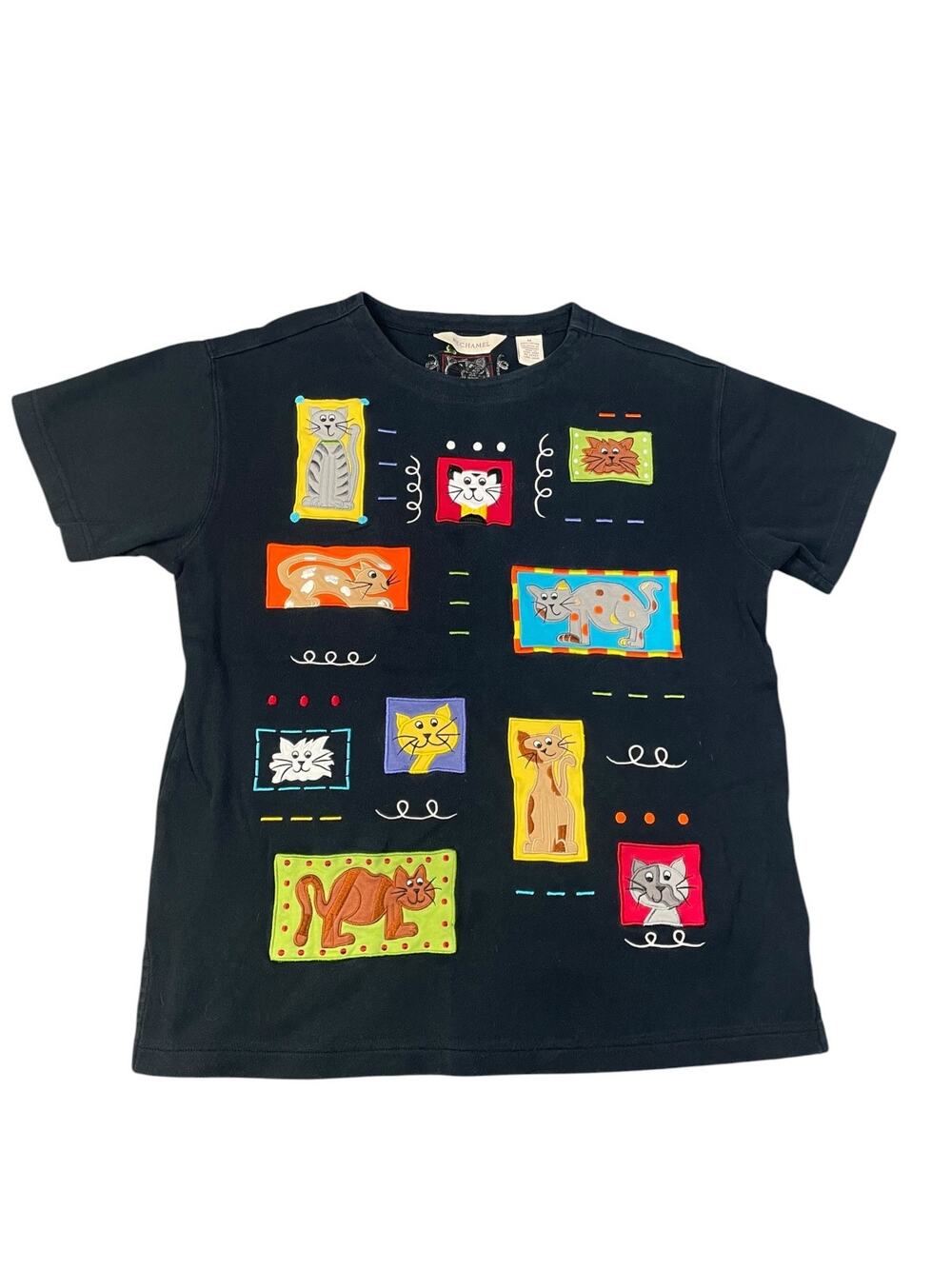 Vintage Bechamel Women’s Medium Patchwork Cat Short Sleeve Cotton Top